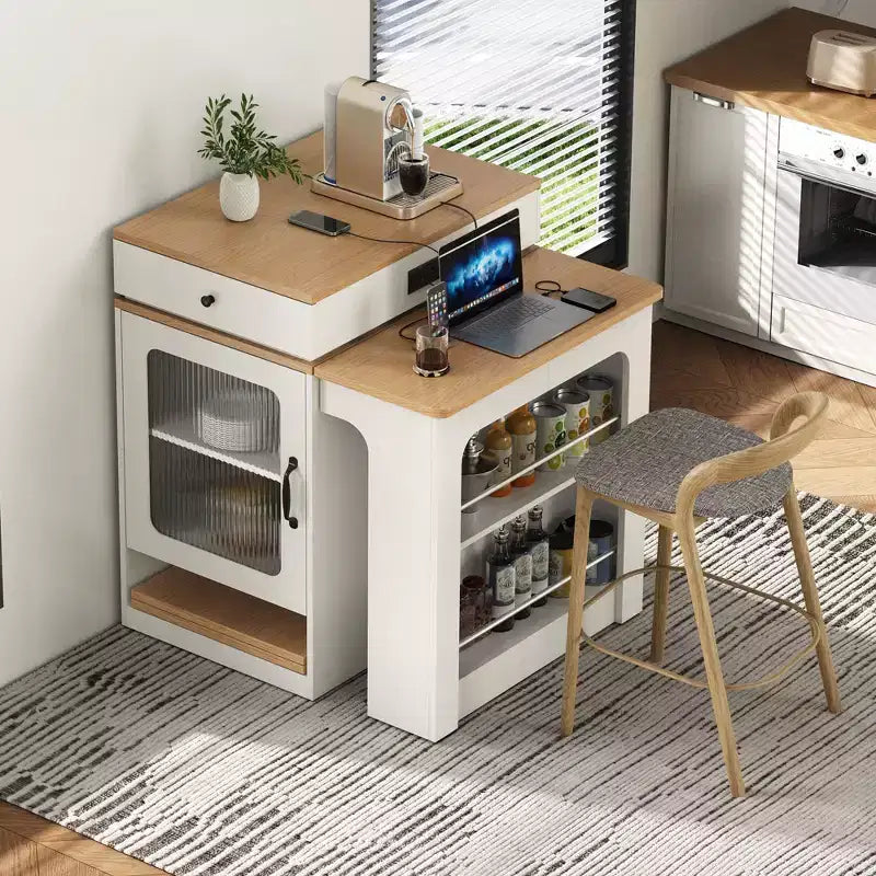 Okak Isola Cucina con Tavolo Allungabile, Tavolo Isola Cucina con Contenitore a Doppio Lato e Presa di Corrente, Carrello da Cucina per Sala da Pranzo
