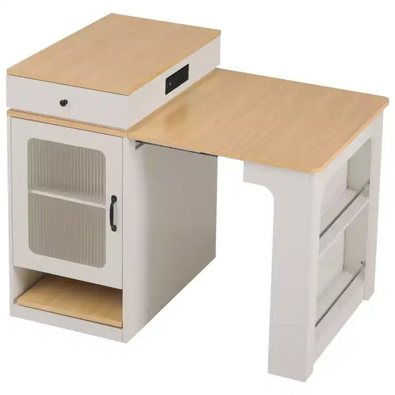 Okak Isola Cucina con Tavolo Allungabile, Tavolo Isola Cucina con Contenitore a Doppio Lato e Presa di Corrente, Carrello da Cucina per Sala da Pranzo