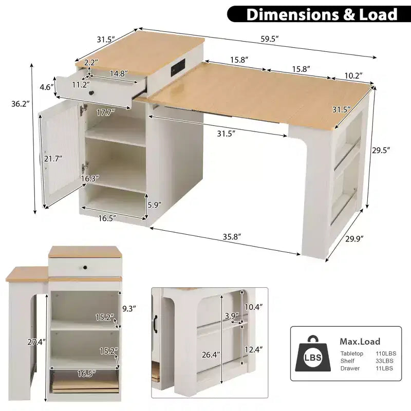 Okak Isola Cucina con Tavolo Allungabile, Tavolo Isola Cucina con Contenitore a Doppio Lato e Presa di Corrente, Carrello da Cucina per Sala da Pranzo