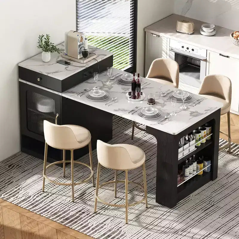 Okak Isola Cucina con Tavolo Allungabile, Tavolo Isola Cucina con Contenitore a Doppio Lato e Presa di Corrente, Carrello da Cucina per Sala da Pranzo
