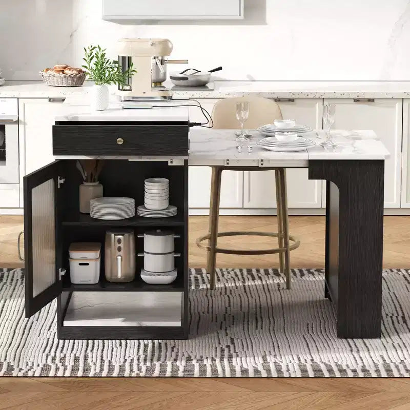 Okak Isola Cucina con Tavolo Allungabile, Tavolo Isola Cucina con Contenitore a Doppio Lato e Presa di Corrente, Carrello da Cucina per Sala da Pranzo