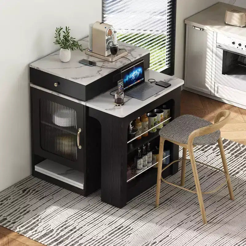 Okak Isola Cucina con Tavolo Allungabile, Tavolo Isola Cucina con Contenitore a Doppio Lato e Presa di Corrente, Carrello da Cucina per Sala da Pranzo
