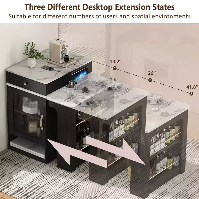 Okak Isola Cucina con Tavolo Allungabile, Tavolo Isola Cucina con Contenitore a Doppio Lato e Presa di Corrente, Carrello da Cucina per Sala da Pranzo