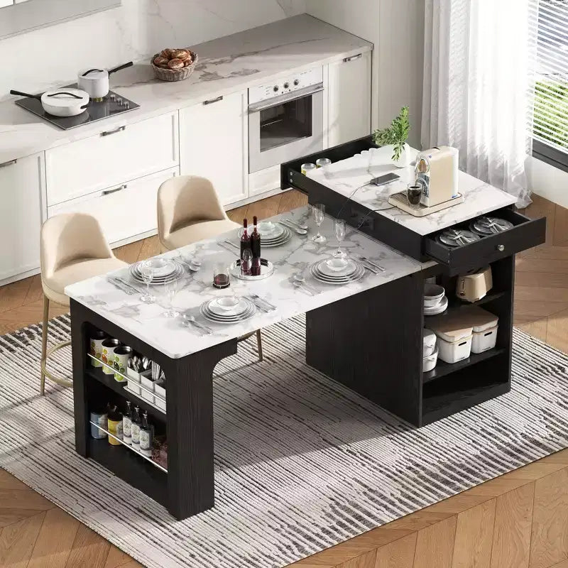 Okak Isola Cucina con Tavolo Allungabile, Tavolo Isola Cucina con Contenitore a Doppio Lato e Presa di Corrente, Carrello da Cucina per Sala da Pranzo