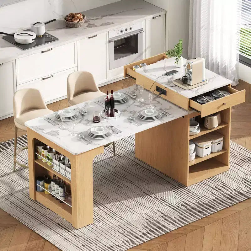 Okak Isola Cucina con Tavolo Allungabile, Tavolo Isola Cucina con Contenitore a Doppio Lato e Presa di Corrente, Carrello da Cucina per Sala da Pranzo