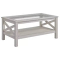 HOMCOM Farmhouse Style Coffee Table with Wood Frame, Tempered Glass Tabletop and Underneath Storage Shelf for Living Room, White Oak