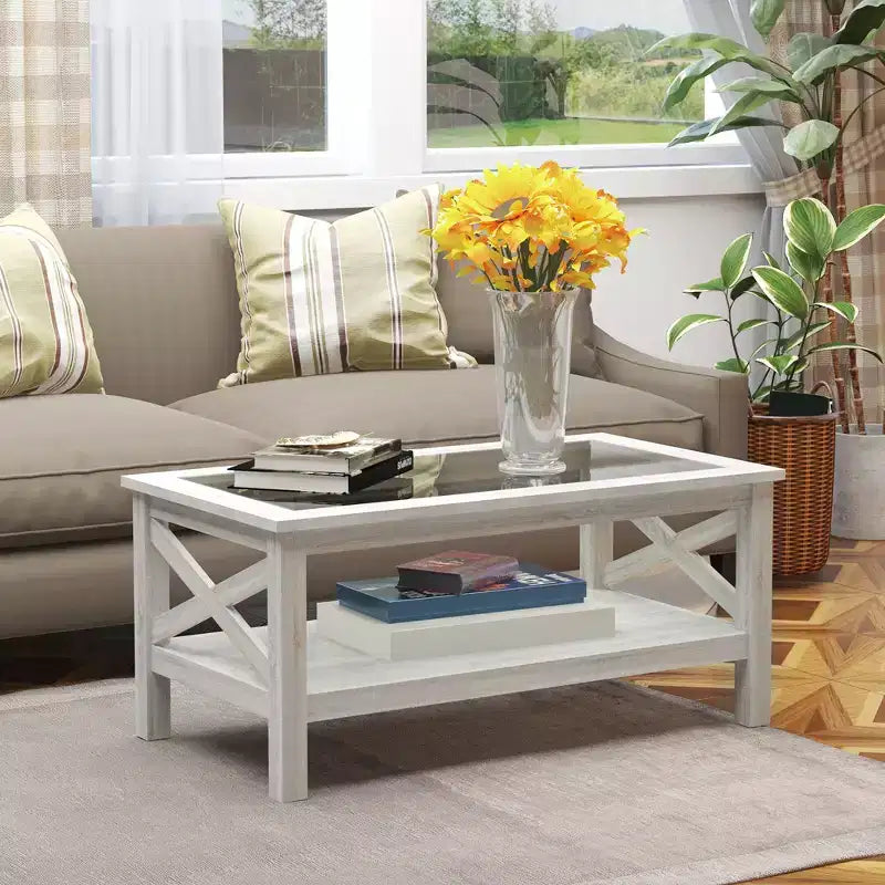 Tavolino da Salotto HOMCOM Stile Rustico con Telaio in Legno, Piano in Vetro Temperato e Ripiano Inferiore, Quercia Bianca