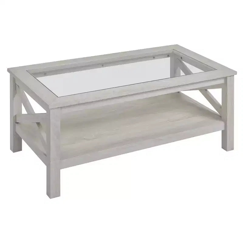 Tavolino da Salotto HOMCOM Stile Rustico con Telaio in Legno, Piano in Vetro Temperato e Ripiano Inferiore, Quercia Bianca