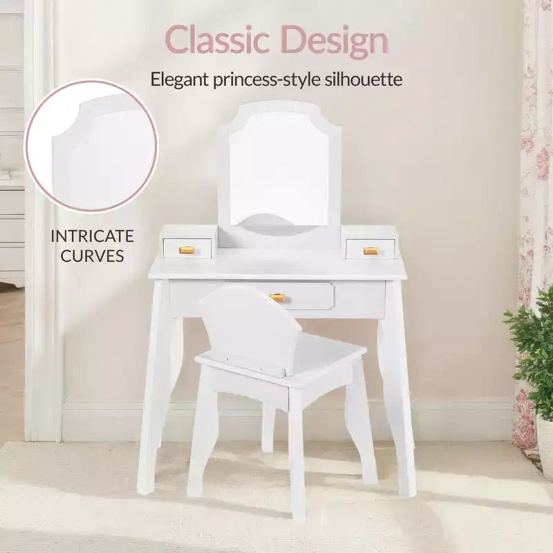 Set toeletta e sedia da gioco in legno per bambini Best Choice con specchio, tavolo da trucco per bambine con 3 cassetti