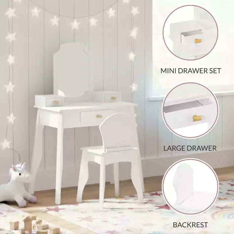 Set toeletta e sedia da gioco in legno per bambini Best Choice con specchio, tavolo da trucco per bambine con 3 cassetti