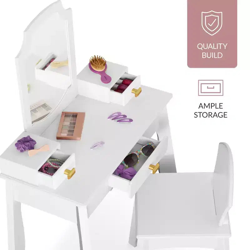 Set toeletta e sedia da gioco in legno per bambini Best Choice con specchio, tavolo da trucco per bambine con 3 cassetti