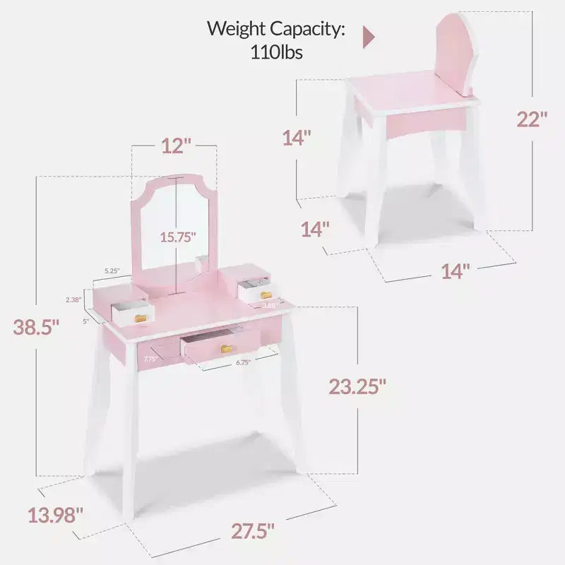 Set toeletta e sedia da gioco in legno per bambini Best Choice con specchio, tavolo da trucco per bambine con 3 cassetti
