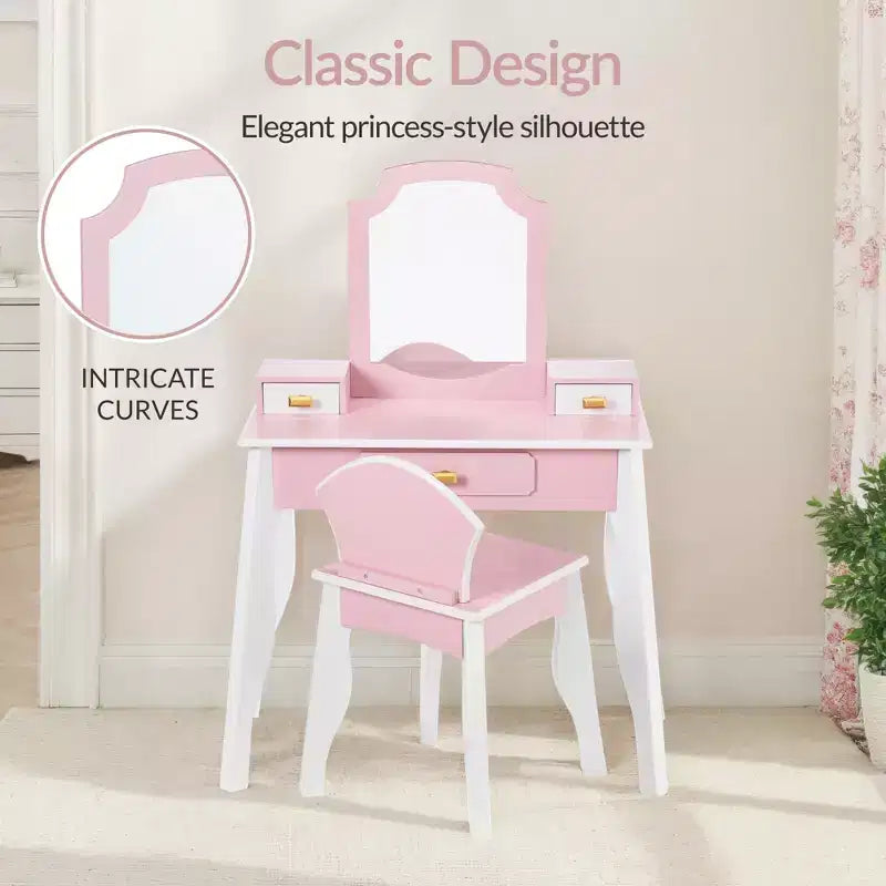Set toeletta e sedia da gioco in legno per bambini Best Choice con specchio, tavolo da trucco per bambine con 3 cassetti