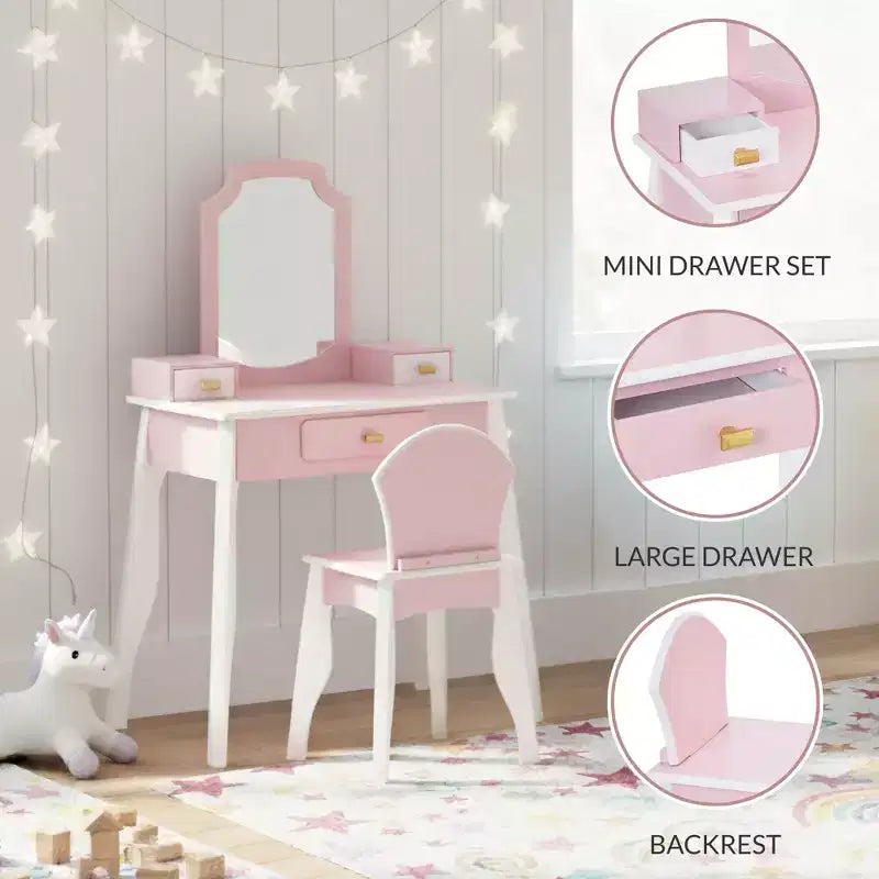 Set toeletta e sedia da gioco in legno per bambini Best Choice con specchio, tavolo da trucco per bambine con 3 cassetti