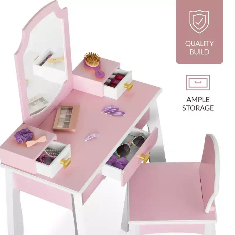 Set toeletta e sedia da gioco in legno per bambini Best Choice con specchio, tavolo da trucco per bambine con 3 cassetti