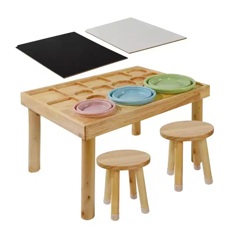 Whisen Tavolo Sedie per Bambini, Secchielli Pieghevoli, Superficie Liscia Lavabile, Facile da Montare per Gioco Interno/Esterno - Legno