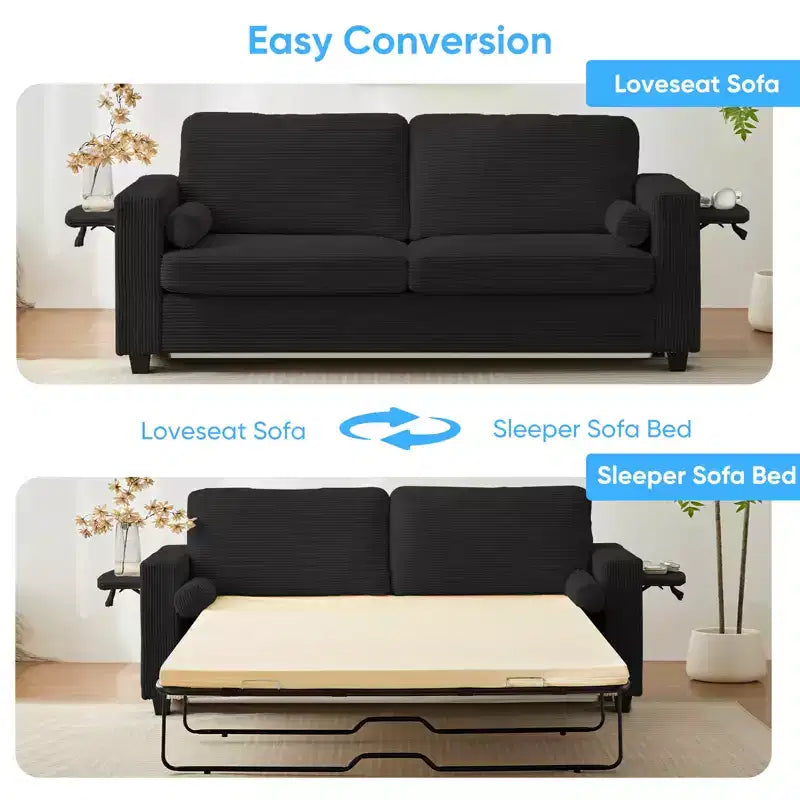 Divano Letto Mjkone Convertibile 2 in 1 con 2 Tavolini Laterali e Materasso in Memory Foam