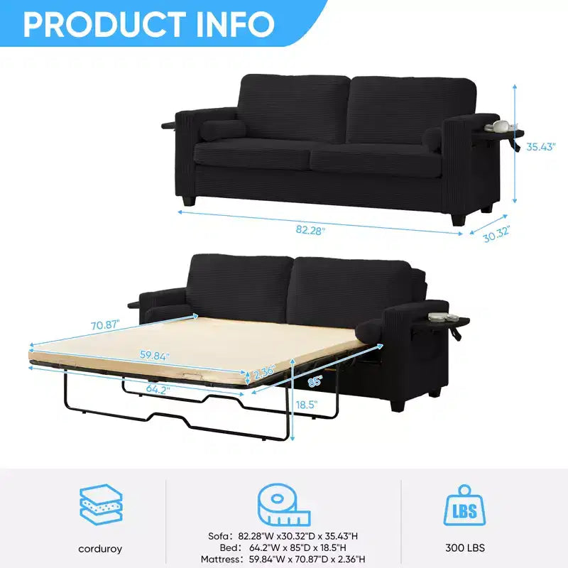 Divano Letto Mjkone Convertibile 2 in 1 con 2 Tavolini Laterali e Materasso in Memory Foam