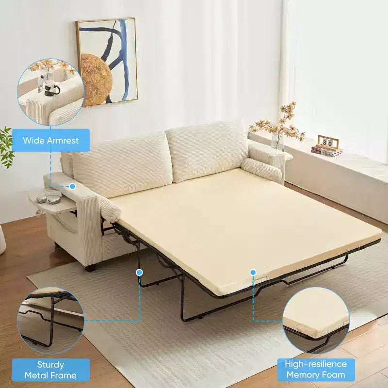 Divano Letto Mjkone Convertibile 2 in 1 con 2 Tavolini Laterali e Materasso in Memory Foam