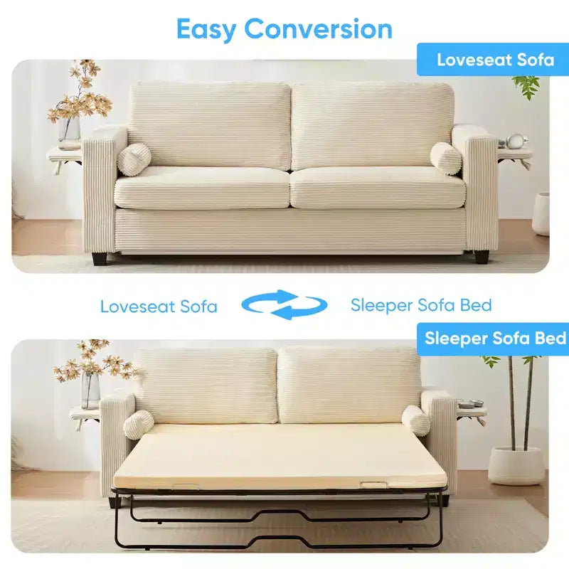 Divano Letto Mjkone Convertibile 2 in 1 con 2 Tavolini Laterali e Materasso in Memory Foam