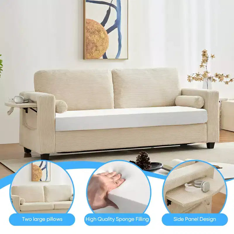 Divano Letto Mjkone Convertibile 2 in 1 con 2 Tavolini Laterali e Materasso in Memory Foam