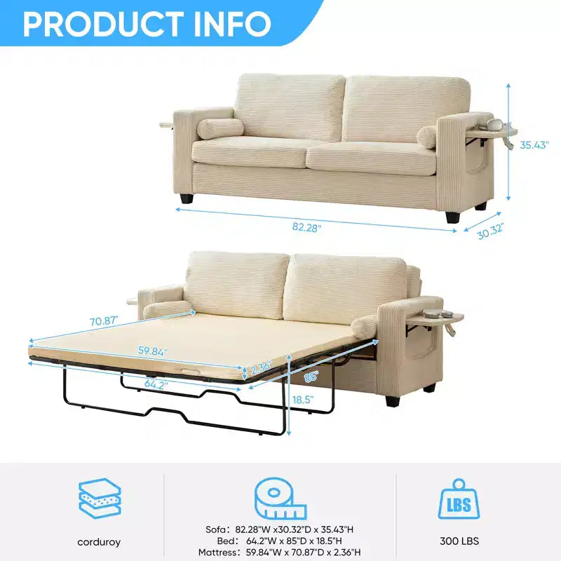 Divano Letto Mjkone Convertibile 2 in 1 con 2 Tavolini Laterali e Materasso in Memory Foam