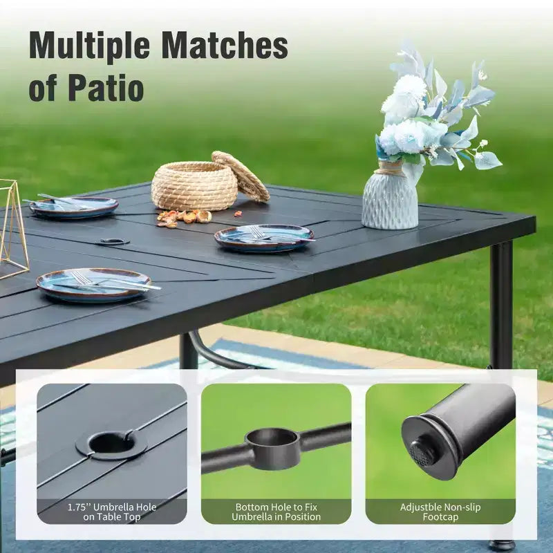 Captiva Designs Set da pranzo da 7 pezzi per esterni con tavolo in acciaio con ripiano a doghe e sedie in rattan con cuscini rimovibili