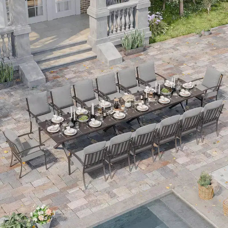 ALAULM Set di Mobili da Pranzo da Giardino da 16 Pezzi, Mobili da Esterno in Metallo, Set con 14 Sedie Fisse e 2 Tavoli Grandi con Ombrellone per Giardino