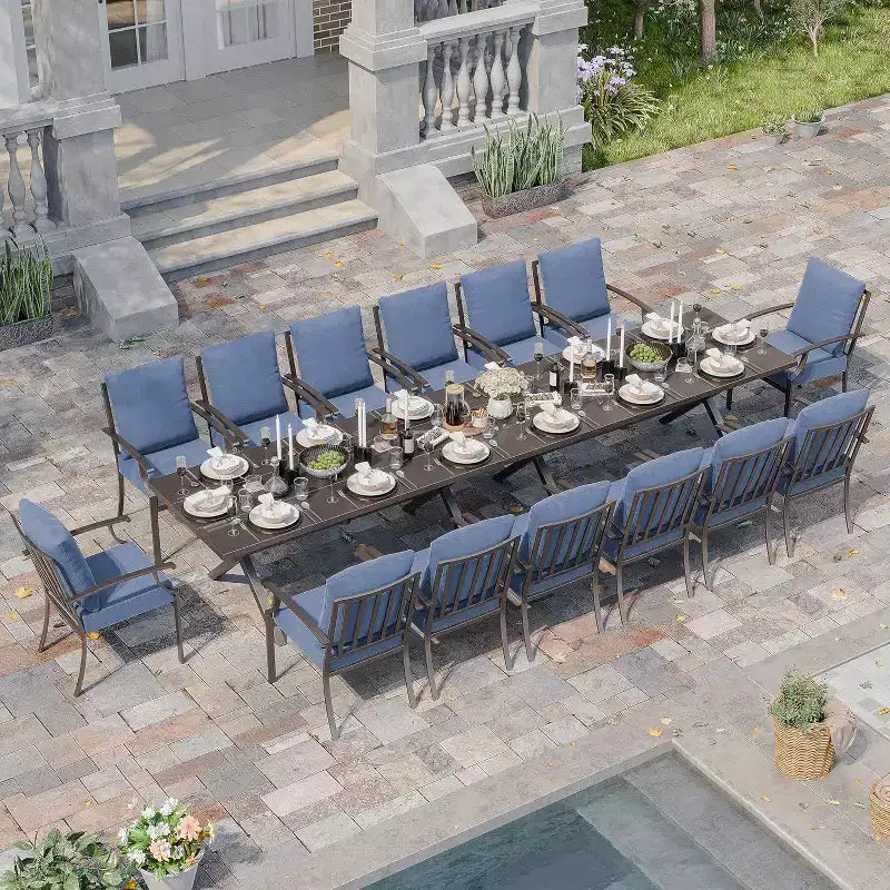 ALAULM Set di Mobili da Pranzo da Giardino da 16 Pezzi, Mobili da Esterno in Metallo, Set con 14 Sedie Fisse e 2 Tavoli Grandi con Ombrellone per Giardino
