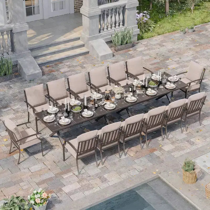 ALAULM Set di Mobili da Pranzo da Giardino da 16 Pezzi, Mobili da Esterno in Metallo, Set con 14 Sedie Fisse e 2 Tavoli Grandi con Ombrellone per Giardino