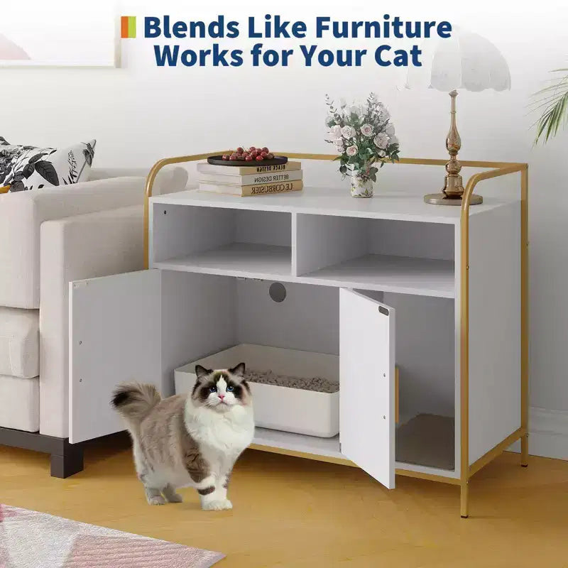 Lettiera per gatti moderna in legno da 37,5 pollici con ripiano portaoggetti, design multifunzionale a forma di mobile con fori di ventilazione, adatta alla maggior parte delle lettiere