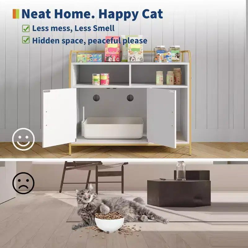 Lettiera per gatti moderna in legno da 37,5 pollici con ripiano portaoggetti, design multifunzionale a forma di mobile con fori di ventilazione, adatta alla maggior parte delle lettiere