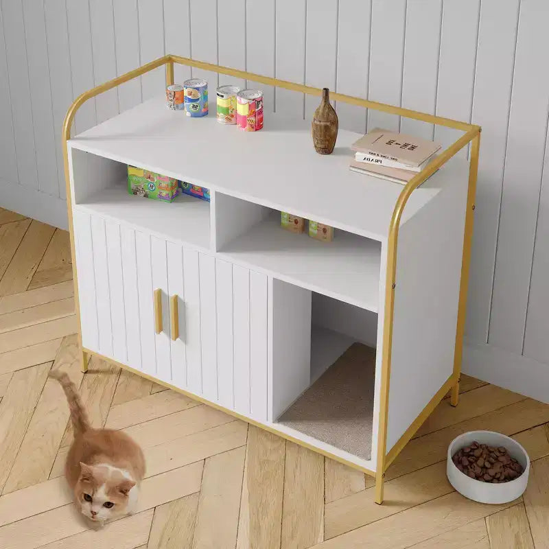 Lettiera per gatti moderna in legno da 37,5 pollici con ripiano portaoggetti, design multifunzionale a forma di mobile con fori di ventilazione, adatta alla maggior parte delle lettiere