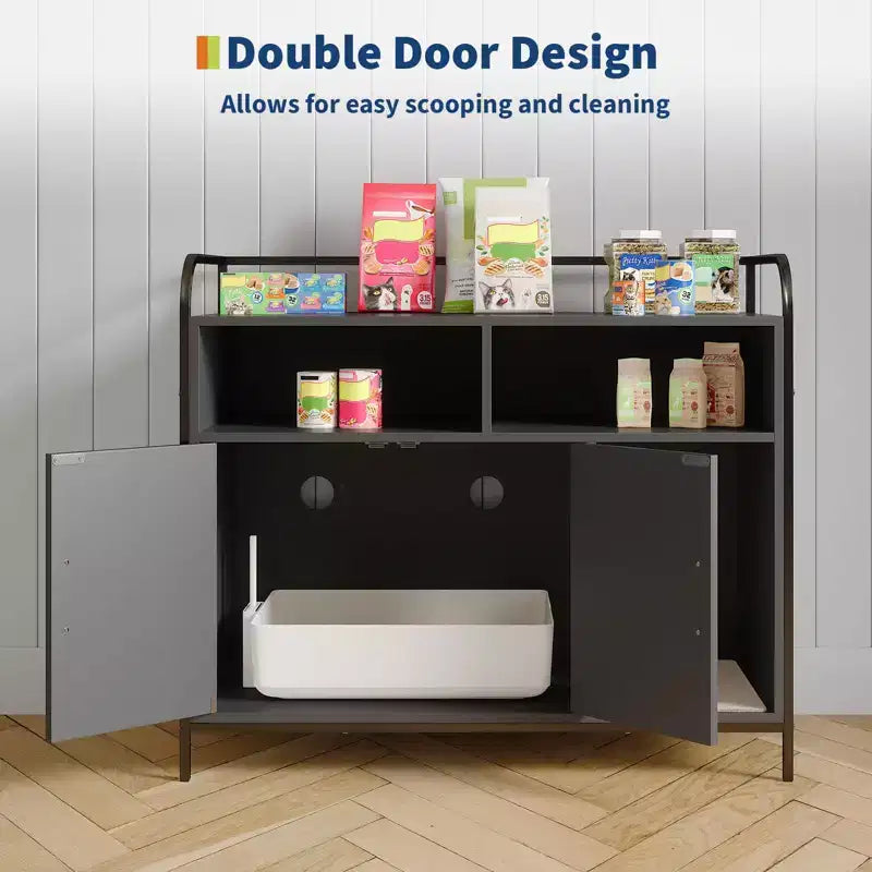Lettiera per gatti moderna in legno da 37,5 pollici con ripiano portaoggetti, design multifunzionale a forma di mobile con fori di ventilazione, adatta alla maggior parte delle lettiere