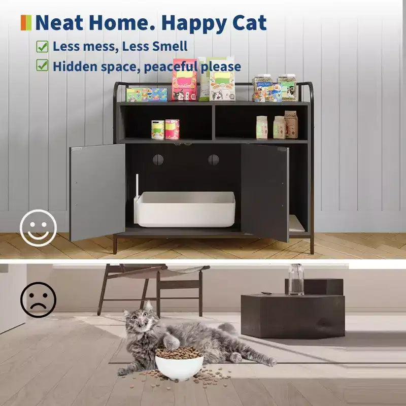 Lettiera per gatti moderna in legno da 37,5 pollici con ripiano portaoggetti, design multifunzionale a forma di mobile con fori di ventilazione, adatta alla maggior parte delle lettiere