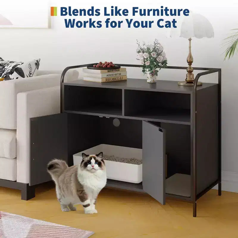 Lettiera per gatti moderna in legno da 37,5 pollici con ripiano portaoggetti, design multifunzionale a forma di mobile con fori di ventilazione, adatta alla maggior parte delle lettiere