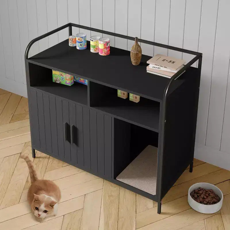 Lettiera per gatti moderna in legno da 37,5 pollici con ripiano portaoggetti, design multifunzionale a forma di mobile con fori di ventilazione, adatta alla maggior parte delle lettiere