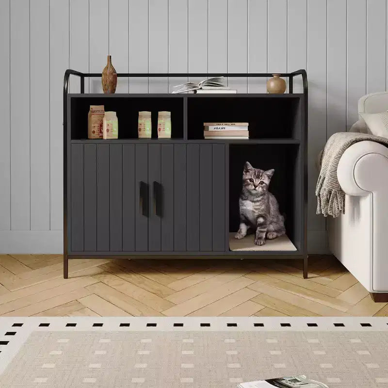 Lettiera per gatti moderna in legno da 37,5 pollici con ripiano portaoggetti, design multifunzionale a forma di mobile con fori di ventilazione, adatta alla maggior parte delle lettiere