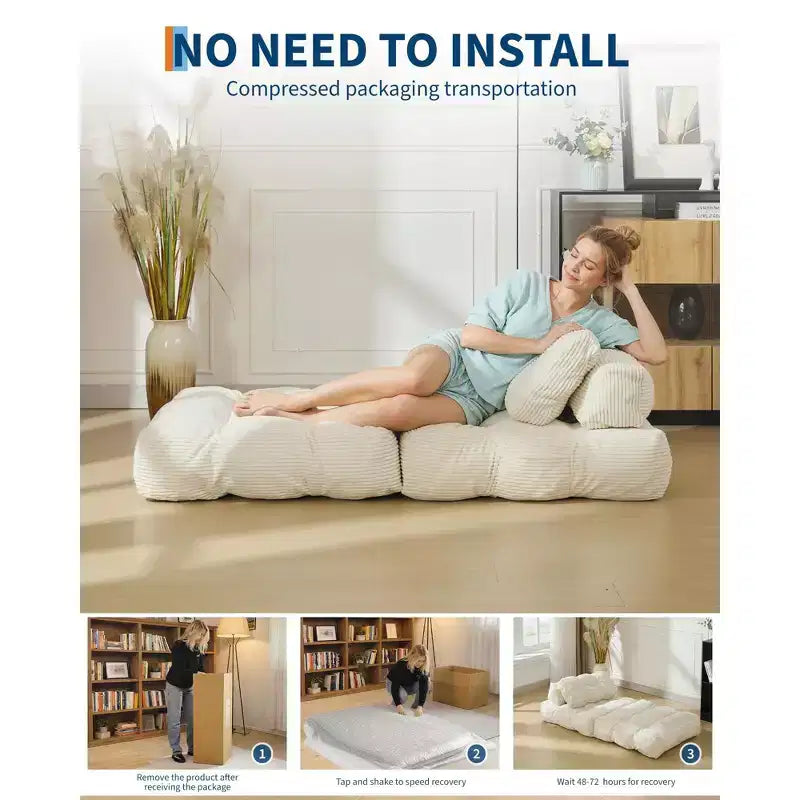 Divano letto pieghevole, divano letto convertibile con cuscini e schienale, comodo divano/poltrona reclinabile da pavimento, adatto per soggiorno e camera da letto, beige.