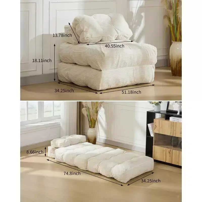 Divano letto pieghevole, divano letto convertibile con cuscini e schienale, comodo divano/poltrona reclinabile da pavimento, adatto per soggiorno e camera da letto, beige.