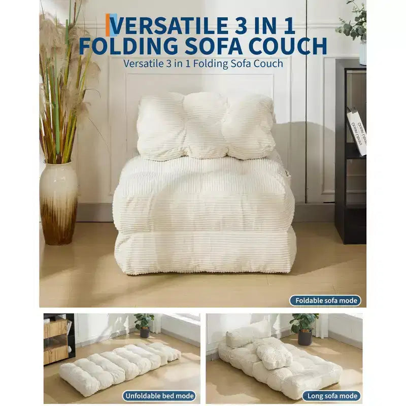 Divano letto pieghevole, divano letto convertibile con cuscini e schienale, comodo divano/poltrona reclinabile da pavimento, adatto per soggiorno e camera da letto, beige.