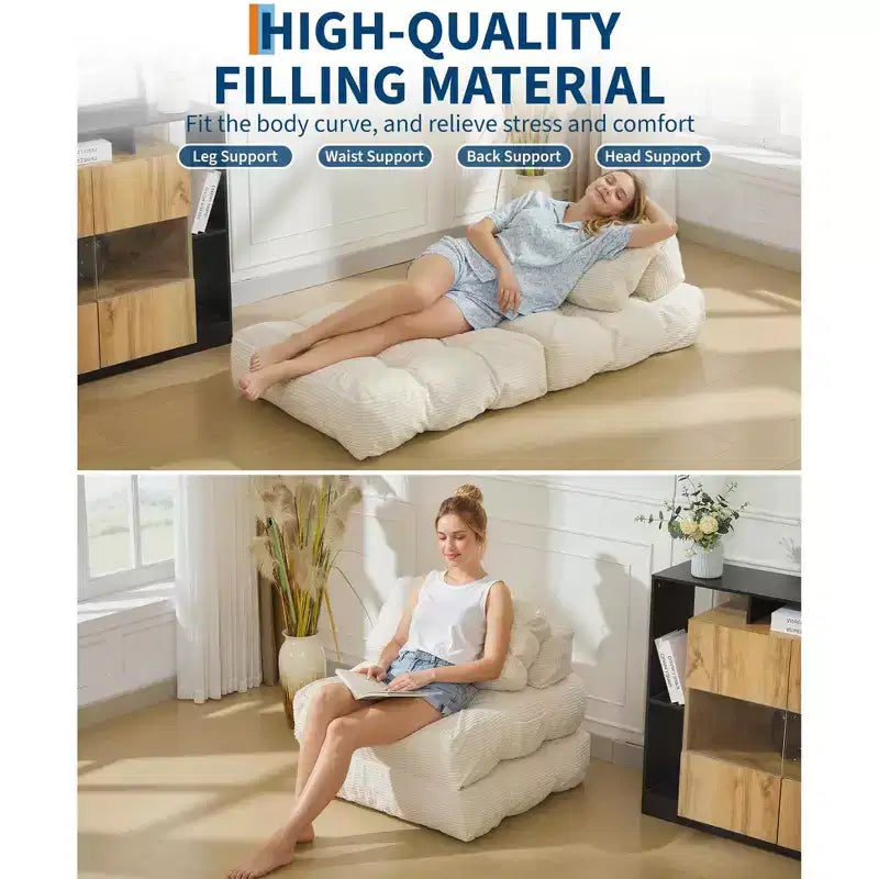Divano letto pieghevole, divano letto convertibile con cuscini e schienale, comodo divano/poltrona reclinabile da pavimento, adatto per soggiorno e camera da letto, beige.