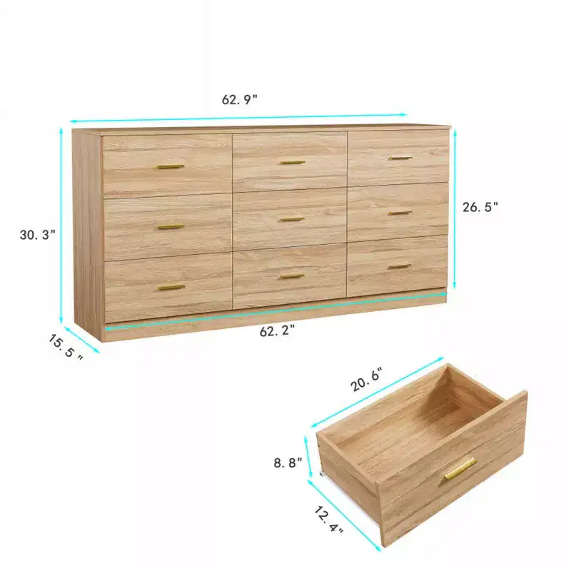 Comò moderno in legno massello a 9 cassetti - Spazioso, con ampi cassetti, robusto e sicuro, adatto per soggiorno e camera da letto.