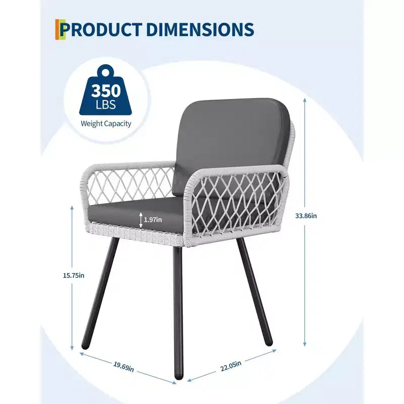 4 Sedie da giardino con struttura in metallo nero, rattan intrecciato a mano bianco e cuscini per giardino, balcone, patio, cortile