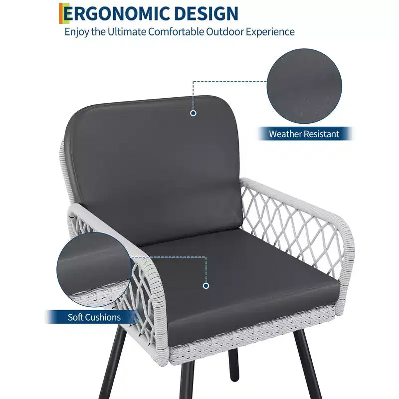 4 Sedie da giardino con struttura in metallo nero, rattan intrecciato a mano bianco e cuscini per giardino, balcone, patio, cortile