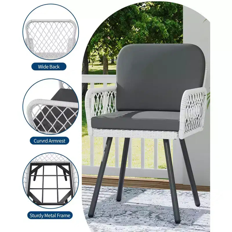 4 Sedie da giardino con struttura in metallo nero, rattan intrecciato a mano bianco e cuscini per giardino, balcone, patio, cortile