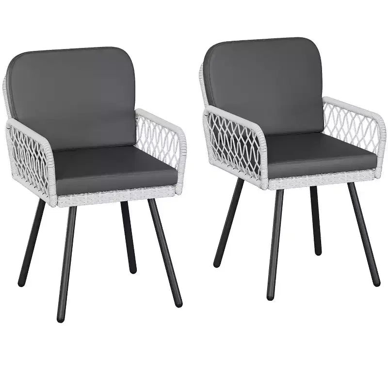 4 Sedie da giardino con struttura in metallo nero, rattan intrecciato a mano bianco e cuscini per giardino, balcone, patio, cortile