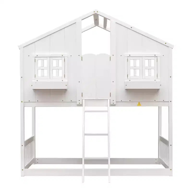 MAYEERTY Twin Over Twin House Bunk Pine Wood Bed with Roof Window Box Door Guardrails Ladder Brown for Bedroom