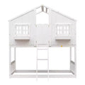 MAYEERTY Twin Over Twin House Bunk Pine Wood Bed with Roof Window Box Door Guardrails Ladder Brown for Bedroom