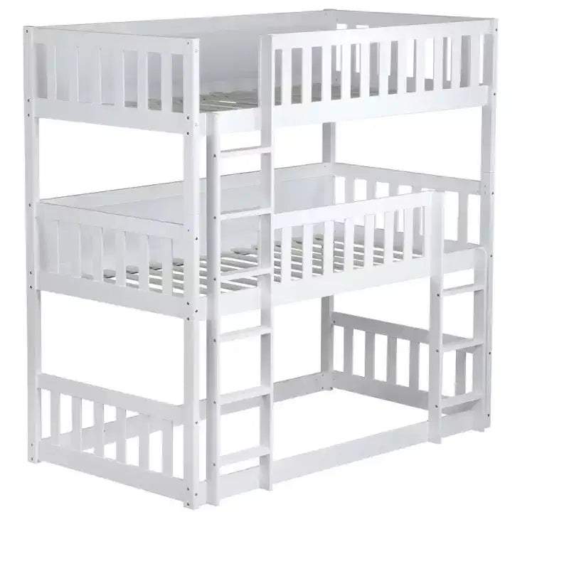 MAYEERTY Letto a Castello Triplo in Legno di Gomma, Dimensioni Doppie, con Scale, Sponde di Protezione, Letto a Castello Separabile per Camera da Letto, Bianco